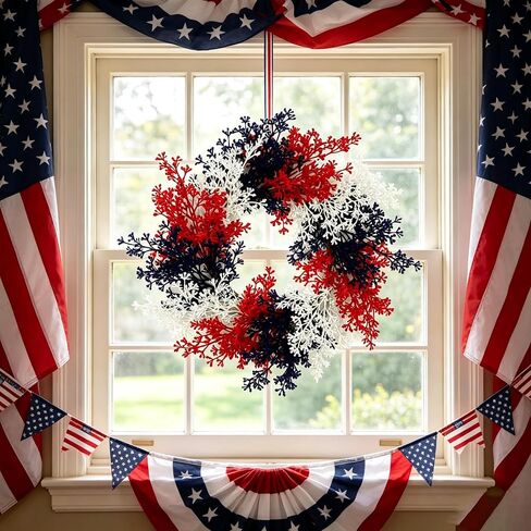 AMF0RESJ 4th of July Wreath Patriotic Wreath for Front Door Handcrafted Memorial Day Wreath 22 inch with red,White,Blue Branches for Front Door Farmhouse Home Wall Independence Day Decoration in Saudi Arabia