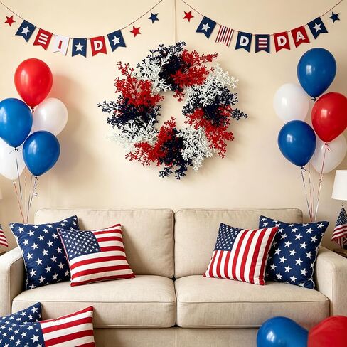 AMF0RESJ 4th of July Wreath Patriotic Wreath for Front Door Handcrafted Memorial Day Wreath 22 inch with red,White,Blue Branches for Front Door Farmhouse Home Wall Independence Day Decoration in Saudi Arabia