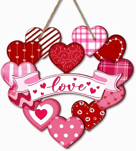 Valentines Day Front Door Sign, Red Pink Love Hearts Plaid Stripes Polka Dot Wood Hanger Outdoor Porch Home Decor, Romantic Anniversary Wedding Wooden Wreath Indoor Wall Hanging Decoration in Kuwait