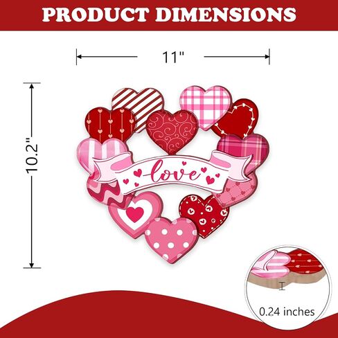 Valentines Day Front Door Sign, Red Pink Love Hearts Plaid Stripes Polka Dot Wood Hanger Outdoor Porch Home Decor, Romantic Anniversary Wedding Wooden Wreath Indoor Wall Hanging Decoration in Kuwait