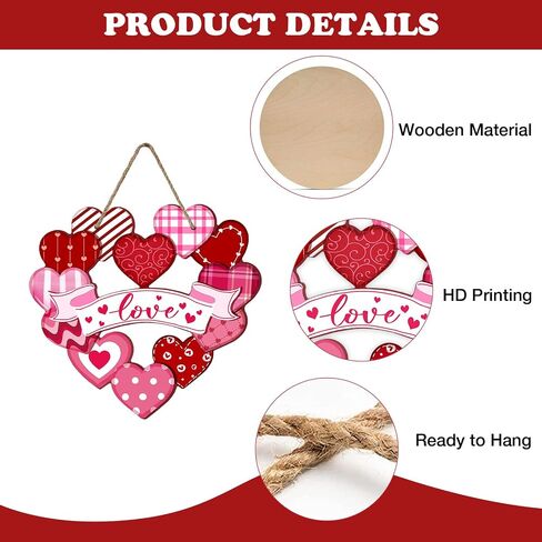 Valentines Day Front Door Sign, Red Pink Love Hearts Plaid Stripes Polka Dot Wood Hanger Outdoor Porch Home Decor, Romantic Anniversary Wedding Wooden Wreath Indoor Wall Hanging Decoration in Kuwait