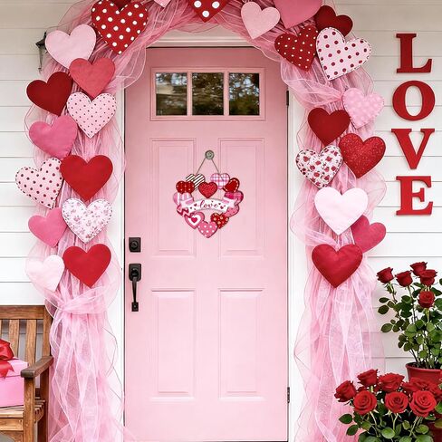Valentines Day Front Door Sign, Red Pink Love Hearts Plaid Stripes Polka Dot Wood Hanger Outdoor Porch Home Decor, Romantic Anniversary Wedding Wooden Wreath Indoor Wall Hanging Decoration in Kuwait
