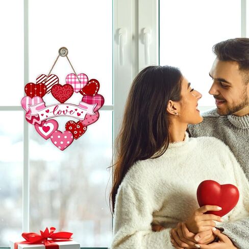 Valentines Day Front Door Sign, Red Pink Love Hearts Plaid Stripes Polka Dot Wood Hanger Outdoor Porch Home Decor, Romantic Anniversary Wedding Wooden Wreath Indoor Wall Hanging Decoration in Kuwait