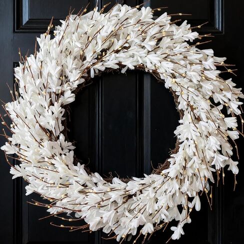 26 Inch Forsythia Spring Wreath for Front Door, Large Spring Summer Floral Wreath, Artificial Spring Door Wreaths All Season for Porch, Wall, Window, Farmhouse Decor (White) in Kuwait