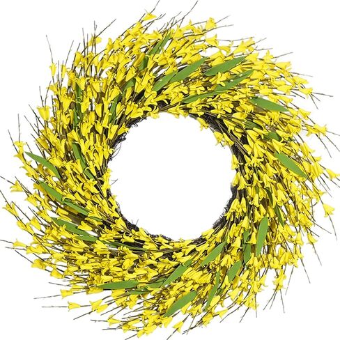 Spring Wreath Door Decoration with Blue Leaves and Forsythia in Kuwait
