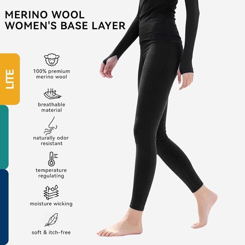 Women’s 100% Merino Wool Baselayer Leggings，Lightweight Long Underwear for Running in Saudi Arabia