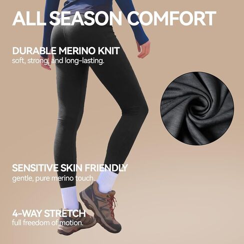 Women’s 100% Merino Wool Baselayer Leggings，Lightweight Long Underwear for Running in Saudi Arabia