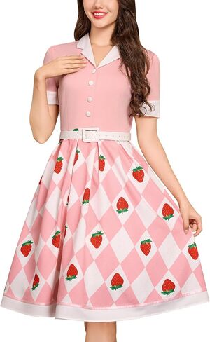 Women's 1950s Vintage Fruit Print Dress Short Sleeve- Fit and Flare Swing Dress with Belt for Party Brunch Vacation in Kuwait