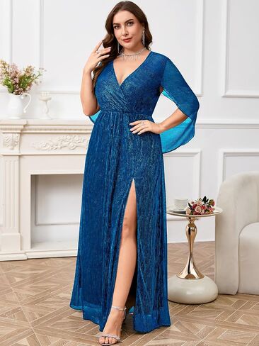 Plus Size Formal Maxi Dress Sparkly Cape Sleeve V Neck Side Split Wedding Guest Prom Evening Gown Gala, Peacock Blue, 1X in Saudi Arabia