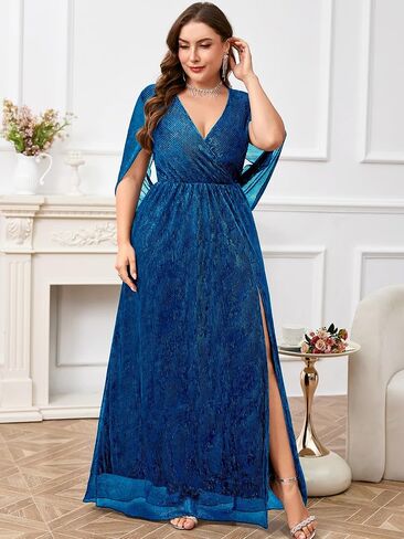 Plus Size Formal Maxi Dress Sparkly Cape Sleeve V Neck Side Split Wedding Guest Prom Evening Gown Gala, Peacock Blue, 1X in Saudi Arabia
