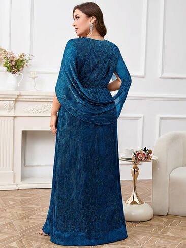 Plus Size Formal Maxi Dress Sparkly Cape Sleeve V Neck Side Split Wedding Guest Prom Evening Gown Gala, Peacock Blue, 1X in Saudi Arabia