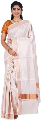 Women's Kerala Cotton Kasavu Saree - 6.25 Mtrs Saree With Running Blouse in Kuwait