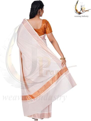 Women's Kerala Cotton Kasavu Saree - 6.25 Mtrs Saree With Running Blouse in Kuwait