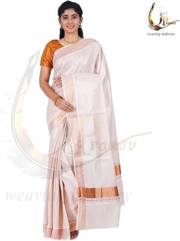 Women's Kerala Cotton Kasavu Saree - 6.25 Mtrs Saree With Running Blouse in Kuwait