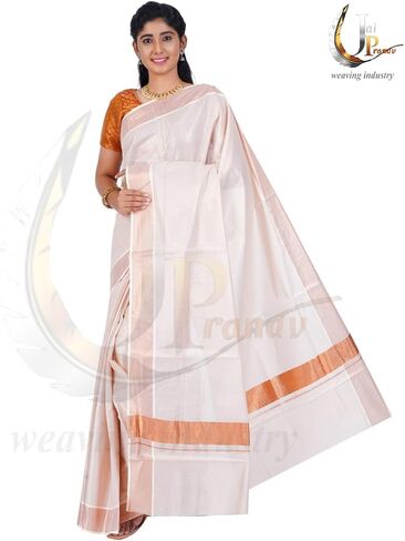 Women's Kerala Cotton Kasavu Saree - 6.25 Mtrs Saree With Running Blouse in Kuwait