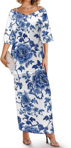 Women Polynesian Samoa Dress Clothing V Neck Two Piece Set Off Shoulder Long Dress Top Skirts Outfits M-5XL in Saudi Arabia