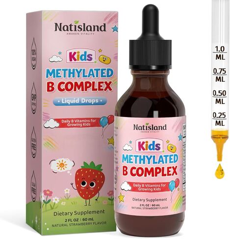 Methylated B Complex for Kids, Vitamin B Complex Liquid Drops with Methyl B12 & 5-MTHF, Sugar Free, Supports Energy & Nervous System, Vegan, Alcohol-Free, Strawberry Flavor, 2 Fl Oz in Saudi Arabia