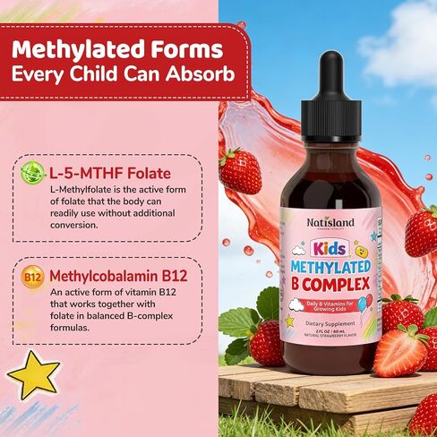 Methylated B Complex for Kids, Vitamin B Complex Liquid Drops with Methyl B12 & 5-MTHF, Sugar Free, Supports Energy & Nervous System, Vegan, Alcohol-Free, Strawberry Flavor, 2 Fl Oz in Saudi Arabia