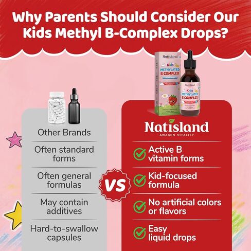 Methylated B Complex for Kids, Vitamin B Complex Liquid Drops with Methyl B12 & 5-MTHF, Sugar Free, Supports Energy & Nervous System, Vegan, Alcohol-Free, Strawberry Flavor, 2 Fl Oz in Saudi Arabia