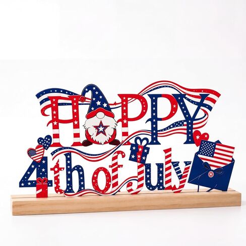 4th of July Decorations ,Metal Happy 4th of July Sign with Wooden Base, Patriotic Red White Blue Decor with American Flag Ribbons & Gnomes, Independence Day Table Centerpiece for Home Tiered Tray Shelf Mantel Desk Office(Happy 4th of July) in Saudi Arabia