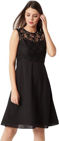 Compatible Miss Chase Women's Black Round Neck Sleeveless Solid Paneled Lace and Pearl Detailing Knee Length Skater Dress (MCAW18D10-88-62_Black_XS) in Kuwait