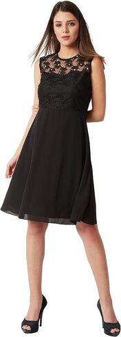 Compatible Miss Chase Women's Black Round Neck Sleeveless Solid Paneled Lace and Pearl Detailing Knee Length Skater Dress (MCAW18D10-88-62_Black_XS) in Kuwait