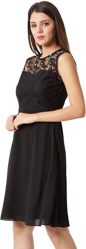 Compatible Miss Chase Women's Black Round Neck Sleeveless Solid Paneled Lace and Pearl Detailing Knee Length Skater Dress (MCAW18D10-88-62_Black_XS) in Kuwait