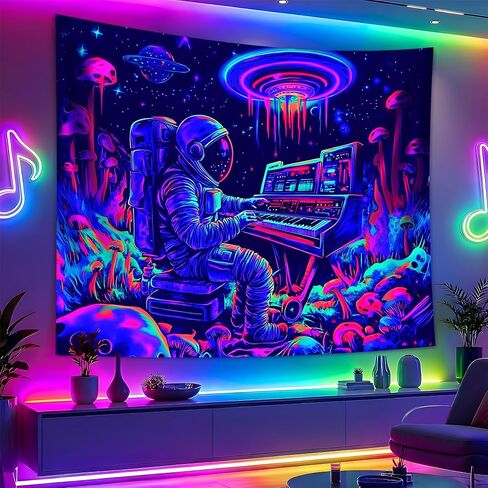BVBOX Astronaut Space Blacklight Tapestry 79"x59", UV Reactive Astronaut Electronic Piano Universe Galaxy Planet Glow in Dark Music Tapestries, Black Light Neon Upright Poster Wall Hanging Backdrop Decor for Bedroom Living Room in Saudi Arabia