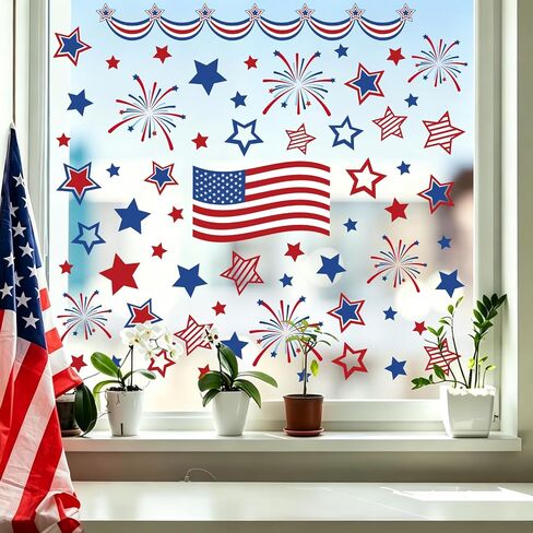FYSUIMU 9 Sheets 4th of July Window Clings American Flag Star Firework Reusable Glass Decal Stickers for 250th Anniversary Independence Day Patriotic Home Office Classroom Party Shop Decoration in Kuwait