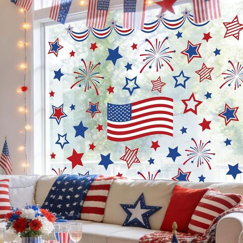 FYSUIMU 9 Sheets 4th of July Window Clings American Flag Star Firework Reusable Glass Decal Stickers for 250th Anniversary Independence Day Patriotic Home Office Classroom Party Shop Decoration in Kuwait