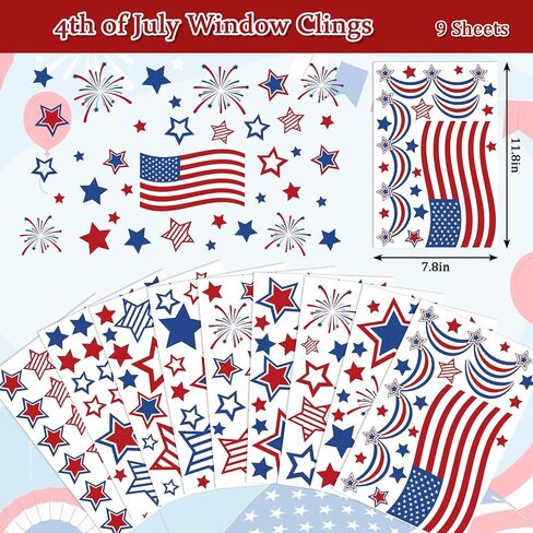 FYSUIMU 9 Sheets 4th of July Window Clings American Flag Star Firework Reusable Glass Decal Stickers for 250th Anniversary Independence Day Patriotic Home Office Classroom Party Shop Decoration in Kuwait