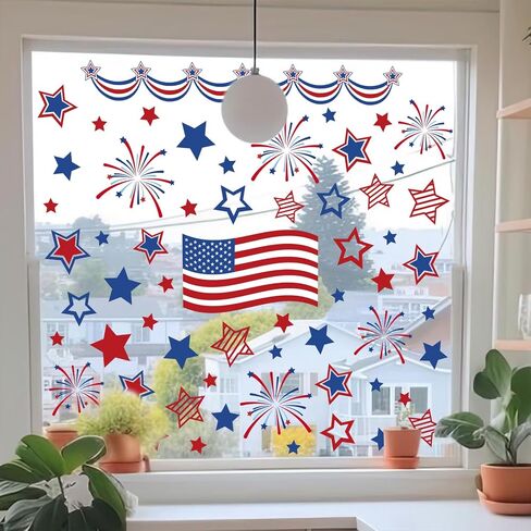 FYSUIMU 9 Sheets 4th of July Window Clings American Flag Star Firework Reusable Glass Decal Stickers for 250th Anniversary Independence Day Patriotic Home Office Classroom Party Shop Decoration in Kuwait