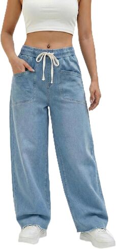 Mulch Woman High Waisted Wide Leg Women’s Pull On Jeans Stretchy Loose Fit Elastic Waist Drawstring Denim Pant in Saudi Arabia