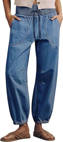 Flamingals High Waist Barrel Leg Jogger Jeans for Women Drawstring Waist Wash Casual Loose Fit Denim Pants in Kuwait
