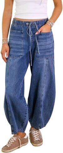 Barrel Jeans Women Elastic Waist Drawstring Jeans Baggy Wide Leg Pants Trendy Pull on Ankle Denim Pants in Saudi Arabia