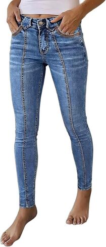 Flamingals Women's Skinny Jeans Butt Lifting Stretchy Mid Rise Tummy Control Wash Stitch Detail Denim Jeans in Kuwait