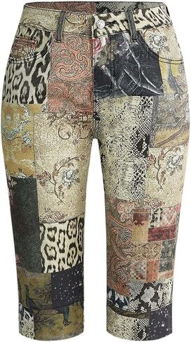 SOLY HUX Women's Leopard Floral Capri Jeans Low Rise Vintage Y2k Going Out Denim Pants Streetwear in Kuwait