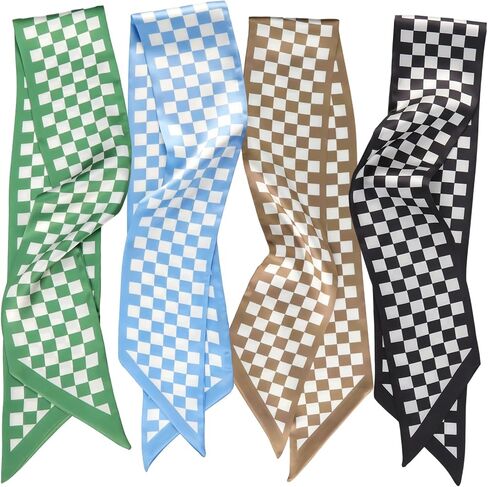 4 Pcs Purse Scarf for Women, Fashion Neck Scarfs Long Satin Skinny Checkered Bag Scarf for Handbags Purse Handle Hair Accessories in Kuwait