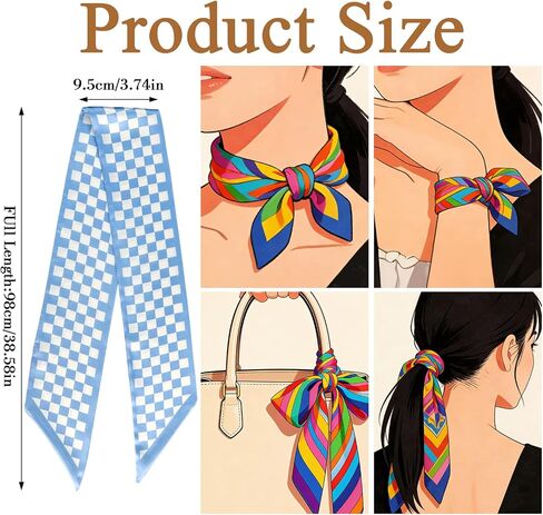 4 Pcs Purse Scarf for Women, Fashion Neck Scarfs Long Satin Skinny Checkered Bag Scarf for Handbags Purse Handle Hair Accessories in Kuwait