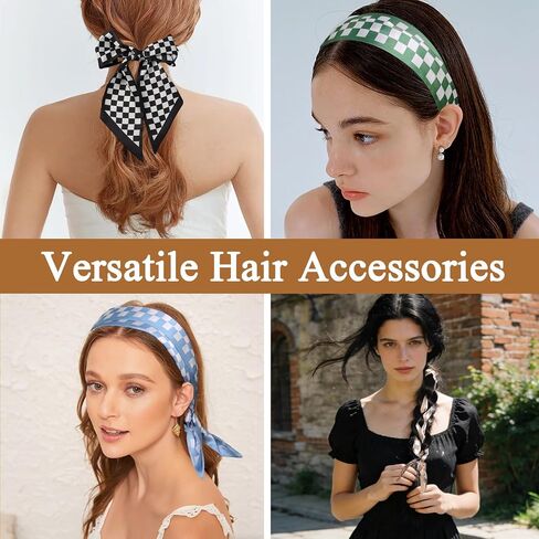 4 Pcs Purse Scarf for Women, Fashion Neck Scarfs Long Satin Skinny Checkered Bag Scarf for Handbags Purse Handle Hair Accessories in Kuwait