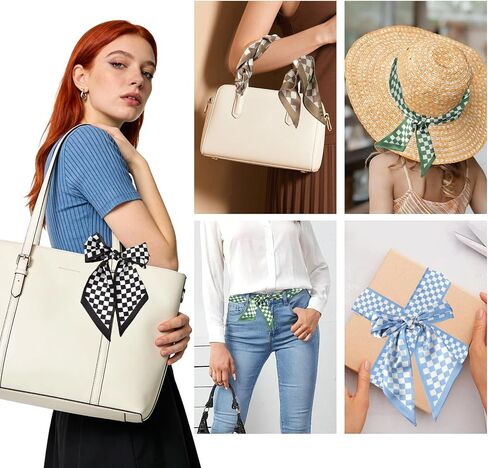 4 Pcs Purse Scarf for Women, Fashion Neck Scarfs Long Satin Skinny Checkered Bag Scarf for Handbags Purse Handle Hair Accessories in Kuwait