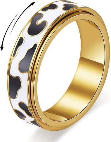 Cow Print Fidget Spinner Ring for Women–18K Gold Plated Stainless Steel Rotating Band,Black & White Enamel,Anti-Anxiety Stress Relief for Work Travel Home (Cow Print Ring_Silver, Size 8) in Saudi Arabia