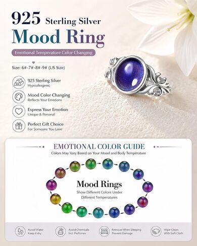 S925 Sterling Silver Mood Ring for Women Color Changing Emotion Ring | Temperature Sensitive Mood Stone, Genuine 925 Sterling Silver, Color Changing Design, Unique Gift for Women in Saudi Arabia