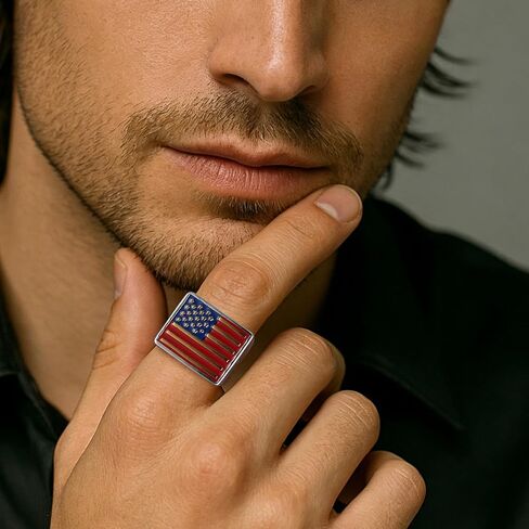 HZMAN American Flag Statement Ring for Men Women, Stainless Steel Patriotic US Flag Band with Enamel Finish, Sizes 7-13, Independence Day Jewelry Gift in Kuwait