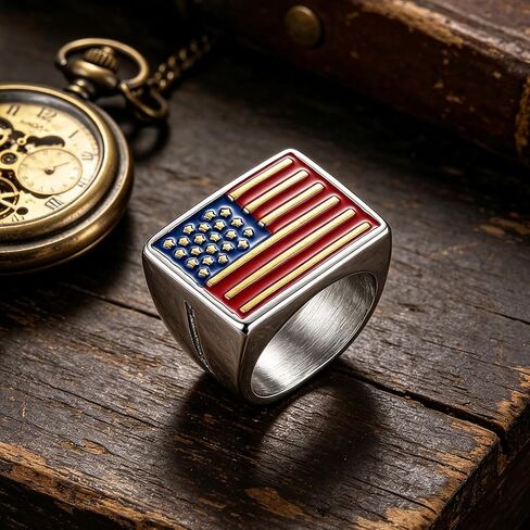 HZMAN American Flag Statement Ring for Men Women, Stainless Steel Patriotic US Flag Band with Enamel Finish, Sizes 7-13, Independence Day Jewelry Gift in Kuwait