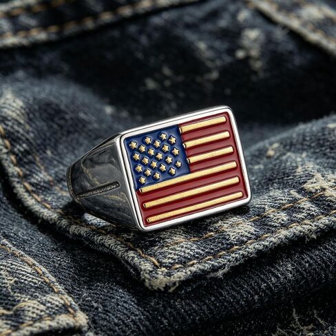 HZMAN American Flag Statement Ring for Men Women, Stainless Steel Patriotic US Flag Band with Enamel Finish, Sizes 7-13, Independence Day Jewelry Gift in Kuwait