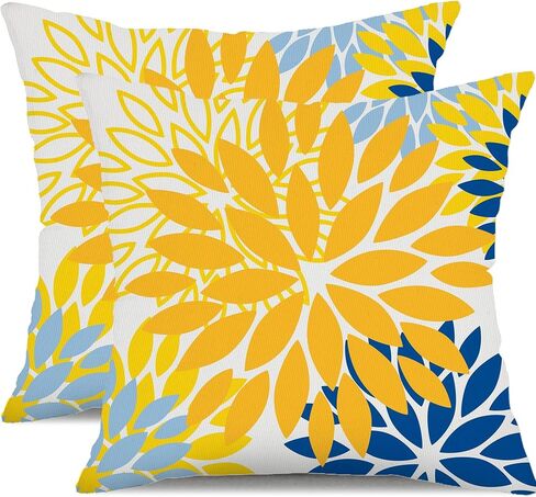 DFXSZ Yellow Blue Flower Pillow Covers 18x18 Inch Set of 2 White Gray Colored Throw Pillows Outdoor Waterproof Decor for Living Room Sofa Patio Funiture Garden Floral Polyester Pillow Covers 002J18 in Saudi Arabia