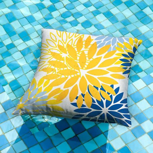 DFXSZ Yellow Blue Flower Pillow Covers 18x18 Inch Set of 2 White Gray Colored Throw Pillows Outdoor Waterproof Decor for Living Room Sofa Patio Funiture Garden Floral Polyester Pillow Covers 002J18 in Saudi Arabia