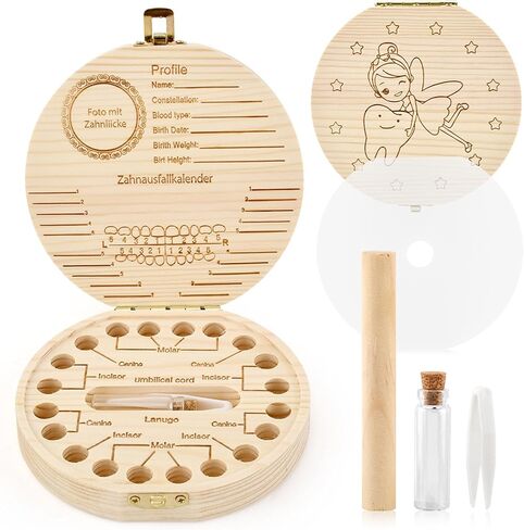 Tooth Fairy Box, Cute Wooden Tooth Keepsake Box with Tweezer and Fetal Hair Container, Lost Teeth Storage Container for Boy Girl(wood color) in Saudi Arabia