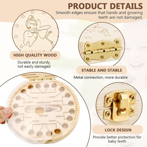 Tooth Fairy Box, Cute Wooden Tooth Keepsake Box with Tweezer and Fetal Hair Container, Lost Teeth Storage Container for Boy Girl(wood color) in Saudi Arabia